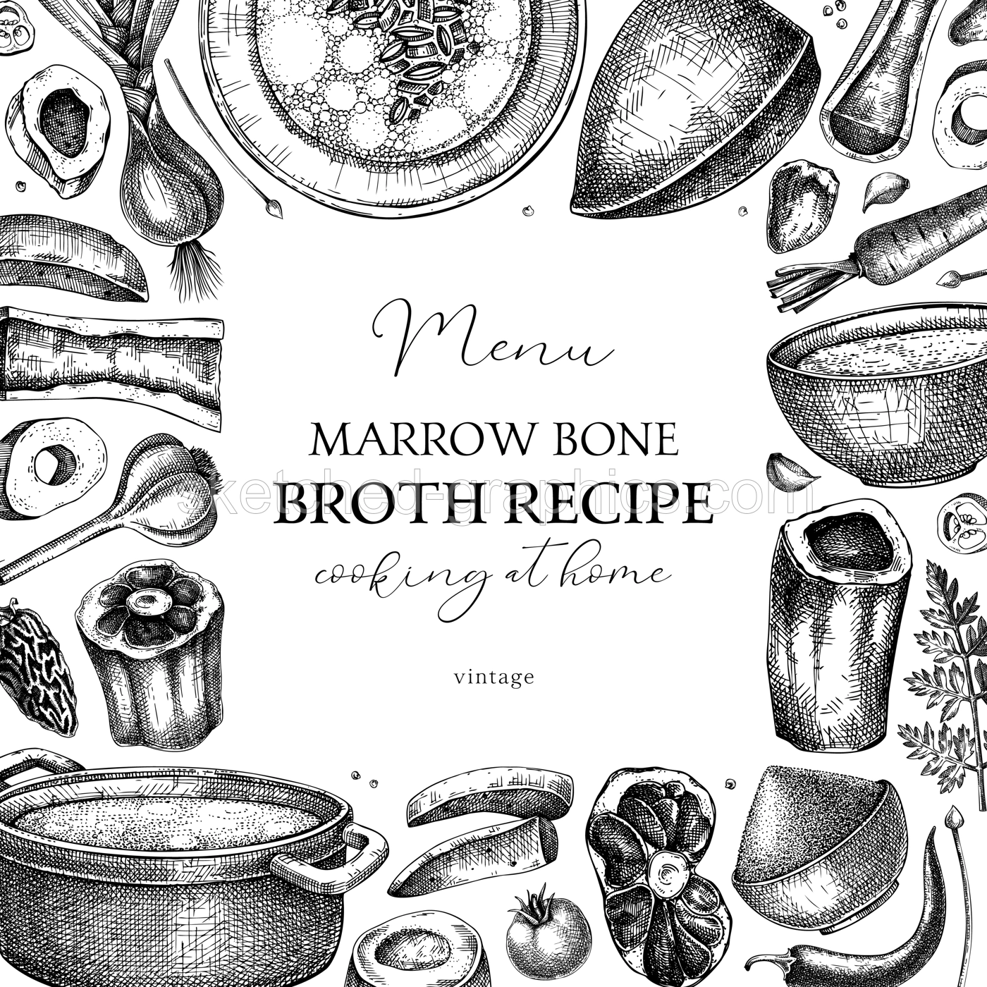 Healthy food background. Marrow bone broth frame. Hot soup on plates, pans, bowls, organ meat, vegetables, marrow bones sketches. Hand drawn vector illustrations. Homemade food ingredient Illustration